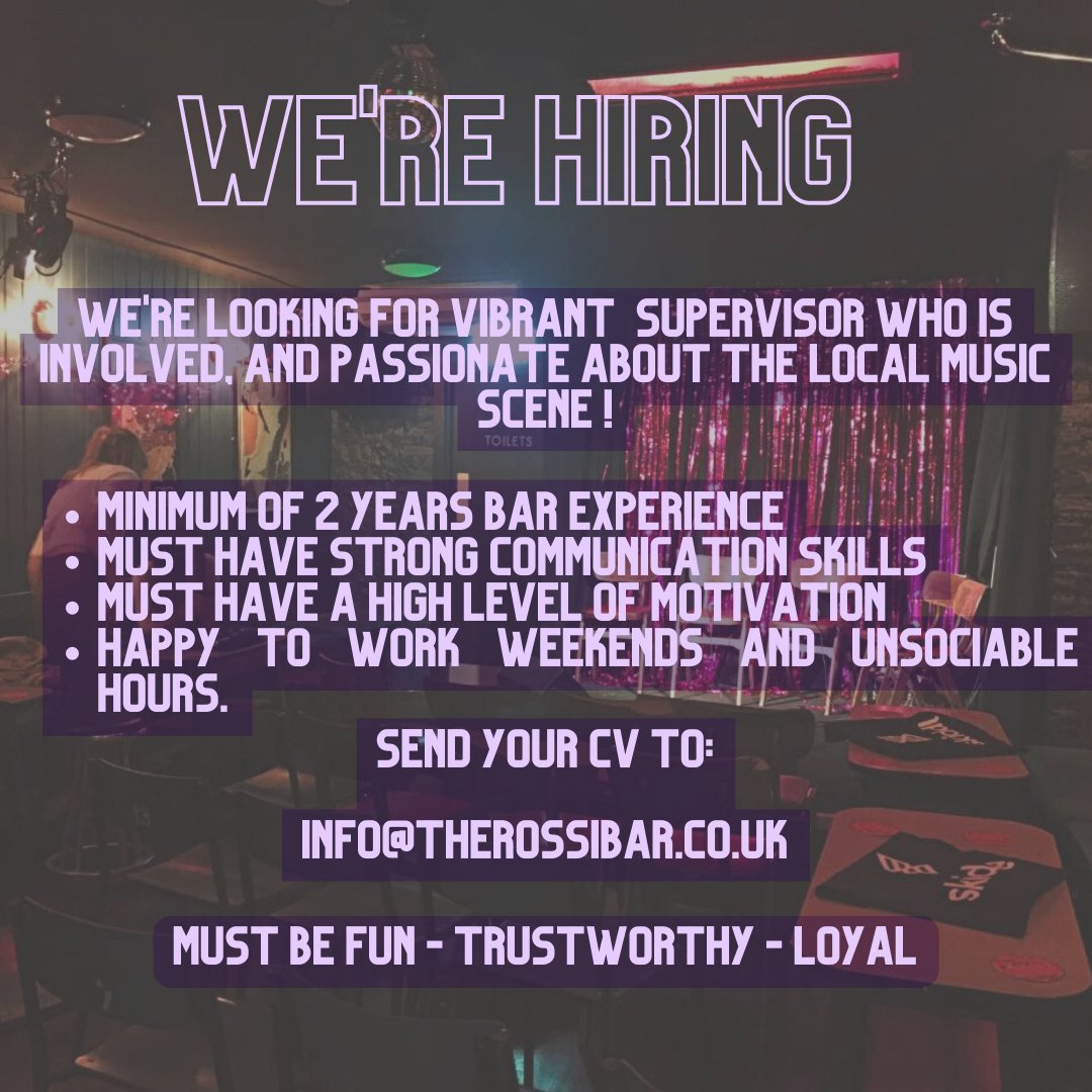 We're looking for a new supervisor to join the team! If this sounds like you, please send your CV to info@therossibar.co.uk💜