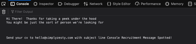faffyman's tweet photo. @davidwalshblog Been there, tried that. 
Also tried Console line messages and HTTP Headers. We targetted each, e.g. view-source  for Analytics &amp; Accessibility people; Console  for front-end devs and HTTP headers for Backend devs.

Never ever got a single applicant as a result though 😢 https://t.co/kjydPHnZwB