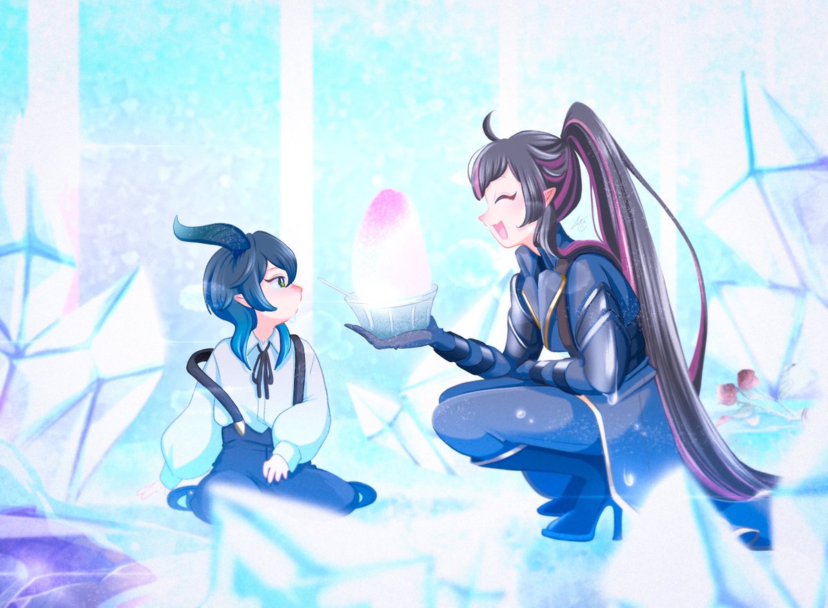 shaved ice black hair ponytail squatting long hair food pointy ears  illustration images