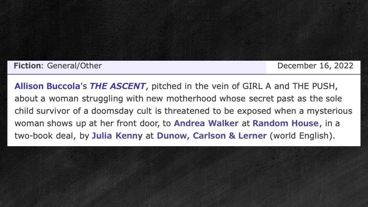 Some news!! I am SO excited to be working with Andrea Walker and the <a href="/randomhouse/">Random House Group</a> team again! (THANK YOU <a href="/juliafkenny/">Julia Kenny</a>!!) The Ascent is about motherhood, identity, and the secrets we keep to protect ourselves and those around us, and I can’t wait to share it with you!