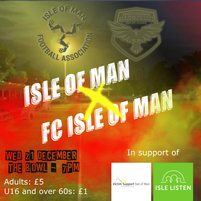 This Wednesday at The Bowl we'll host a charity match between the men's IOMFA representative team and <a href="/fc/">Fellowship Church</a>
All proceeds will be split between <a href="/VictimSupp_IOM/">Victim Support (IOM)</a> and FC Isle of Man's chosen charity, Isle Listen.
Gates will open at around 6pm.