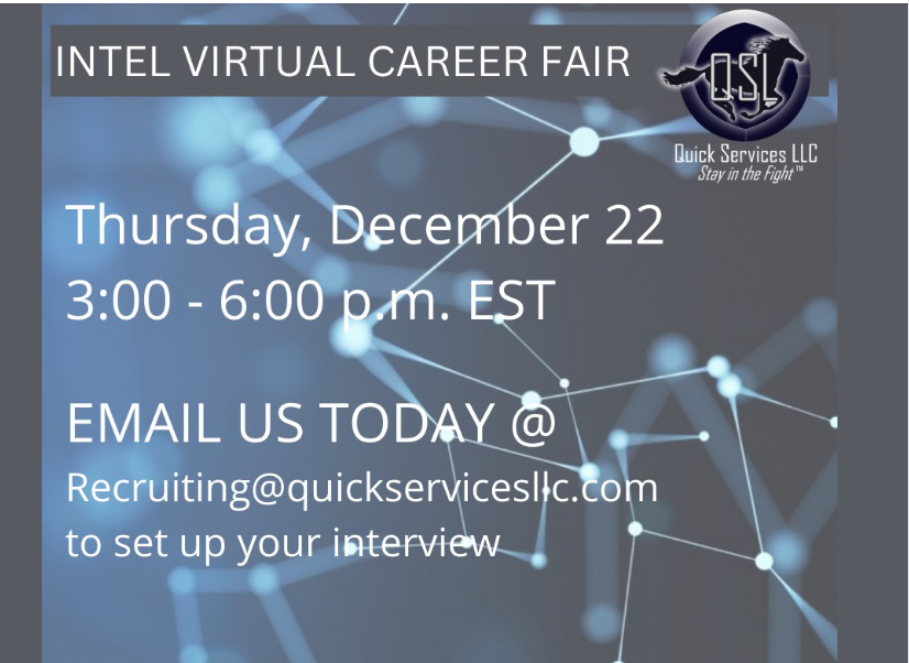 QSL638's tweet photo. Calling All Intel Professionals - JOIN US Thursday for a Virtual Career Fair!

We are hosting a Virtual Career Fair, Thursday, Dec 22 from 3-6 p.m. EST and invite you to participate!

Email us at Recruiting@quickservicesllc.com to set up your interview.

#intel #hiring https://t.co/i1o8ad2M5L