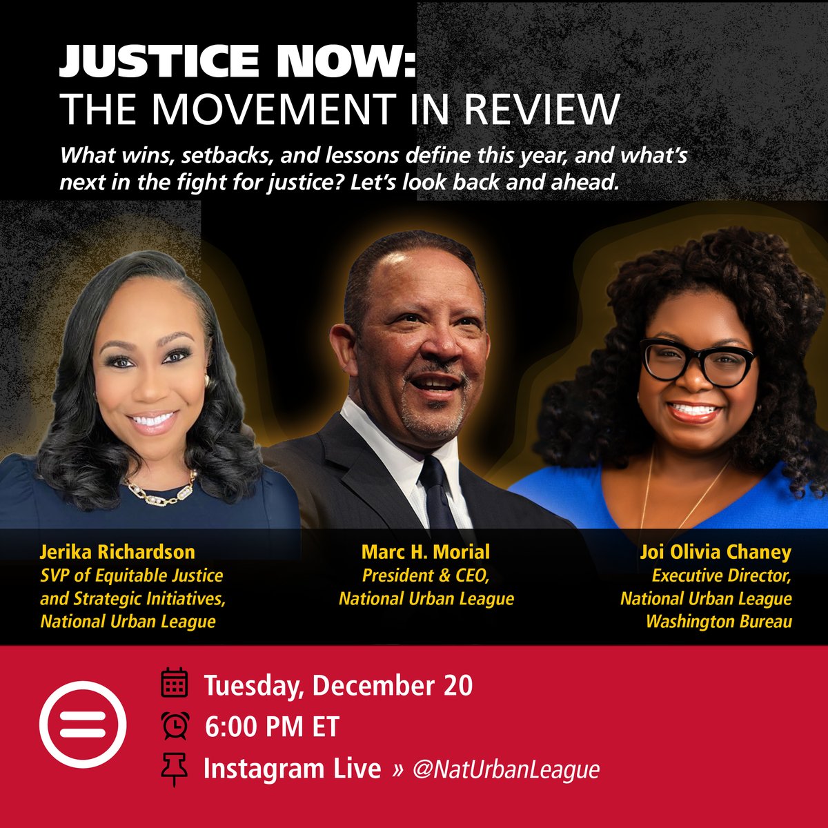 ⏰ Set your alarm! 

Tomorrow at 6 PM ET, tune in to #JusticeNow as we dive into milestones and accomplishments of the year and start planning for 2023.

🎙: @MarcMorial, @JLRichardson, @JoiTweets   

🔗 instagram.com/naturbanleague