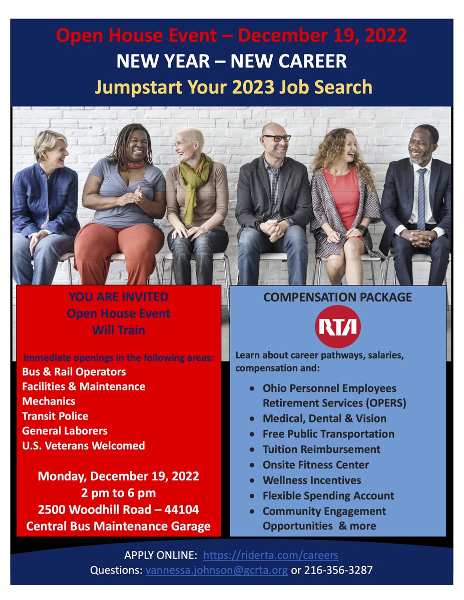 OMJCleCuy's tweet photo. 🚨TODAY @ 2 pm-6 pm

🚍RTA OPEN HOUSE (NEW YEAR, NEW CAREER EVENT!)
at: 2500 Woodhill Road - 44104
Central Bus Maintenance Garage

📕Learn about career pathways, salaries, and compensation.
APPLY ONLINE: https://t.co/pAubwnep9R
.
#transitjobs #busjobs #cleveland #clevelandjobs https://t.co/FfuW3hUjKn