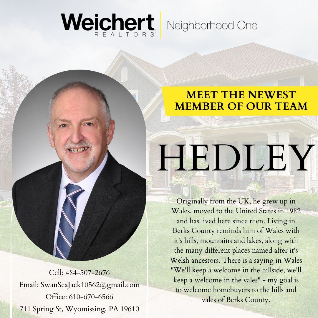 NeighborhoodOne's tweet photo. ❗Please join us in welcoming Hedley Rowcliffe who has joined our firm❗

Cell: 484-507-2676
Email: SwanSeaJack10562@gmail.com
Office: 610-670-6566
711 Spring St, Wyomissing, PA 19610
https://t.co/XnZ74wYma1 https://t.co/THQnocMHKo