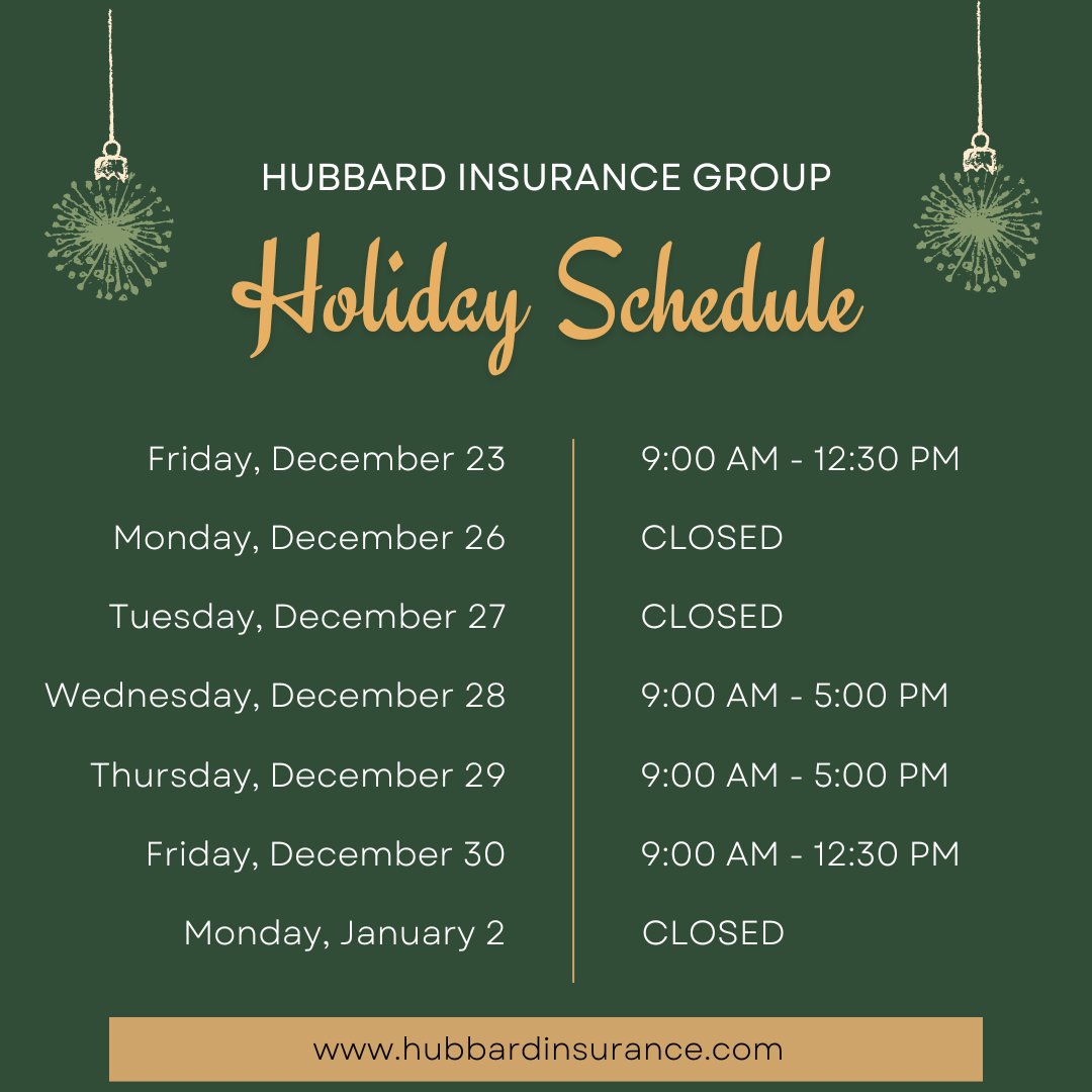 Hubbard_Ins's tweet photo. Happy holidays everybody! Please take a moment to take note of our holiday hours for this period. https://t.co/1lYxfACGhn