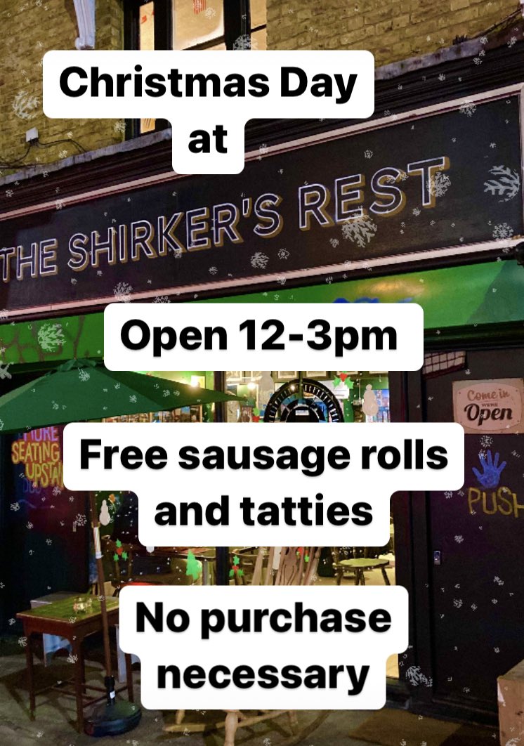 We’re opening on Christmas Day, 12-3pm. 

Top chef <a href="/saretapuri/">Sareta</a> will be bringing some food down and James &amp; <a href="/DulwichRaider/">The Dulwich Raider🌴</a> will be serving drinks at the bar. 

And if you’re skint just come down anyway. Keep warm, grab some grub, meet some people. No purchase necessary.