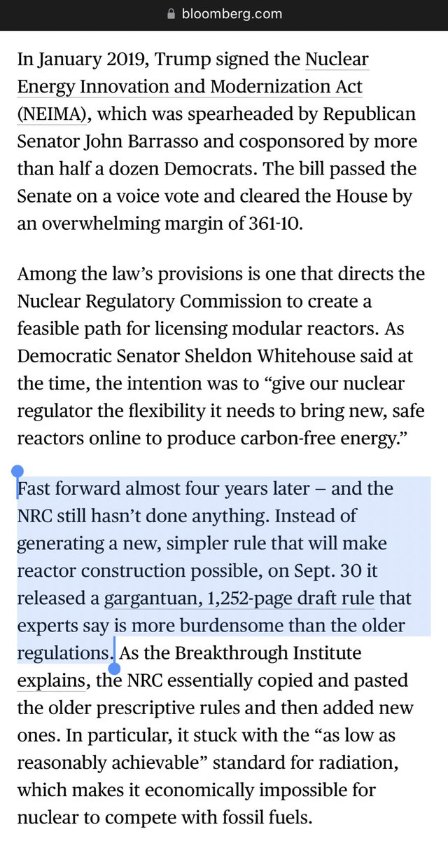 AlecStapp's tweet image. It should be a major scandal that Congress ordered the Nuclear Regulatory Commission to provide a feasible pathway for licensing new reactors and instead of complying the NRC decided to make the regulatory approval process ***more burdensome***