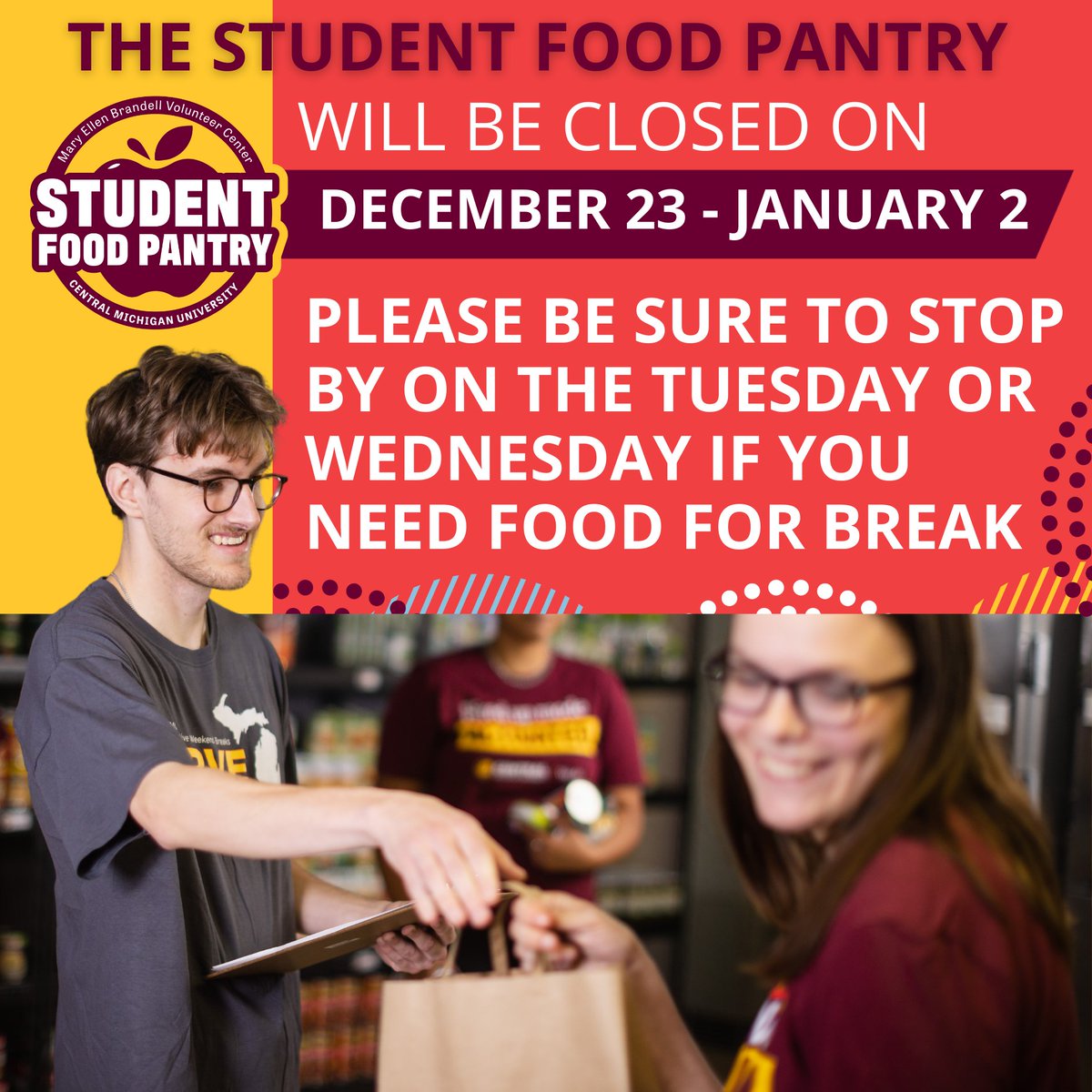 The Student Food Pantry will be closed from December 23rd until reopening for the January 3rd distribution.

Be sure to shop the pantry either Tuesday or Wednesday this week to get resources for the Break.