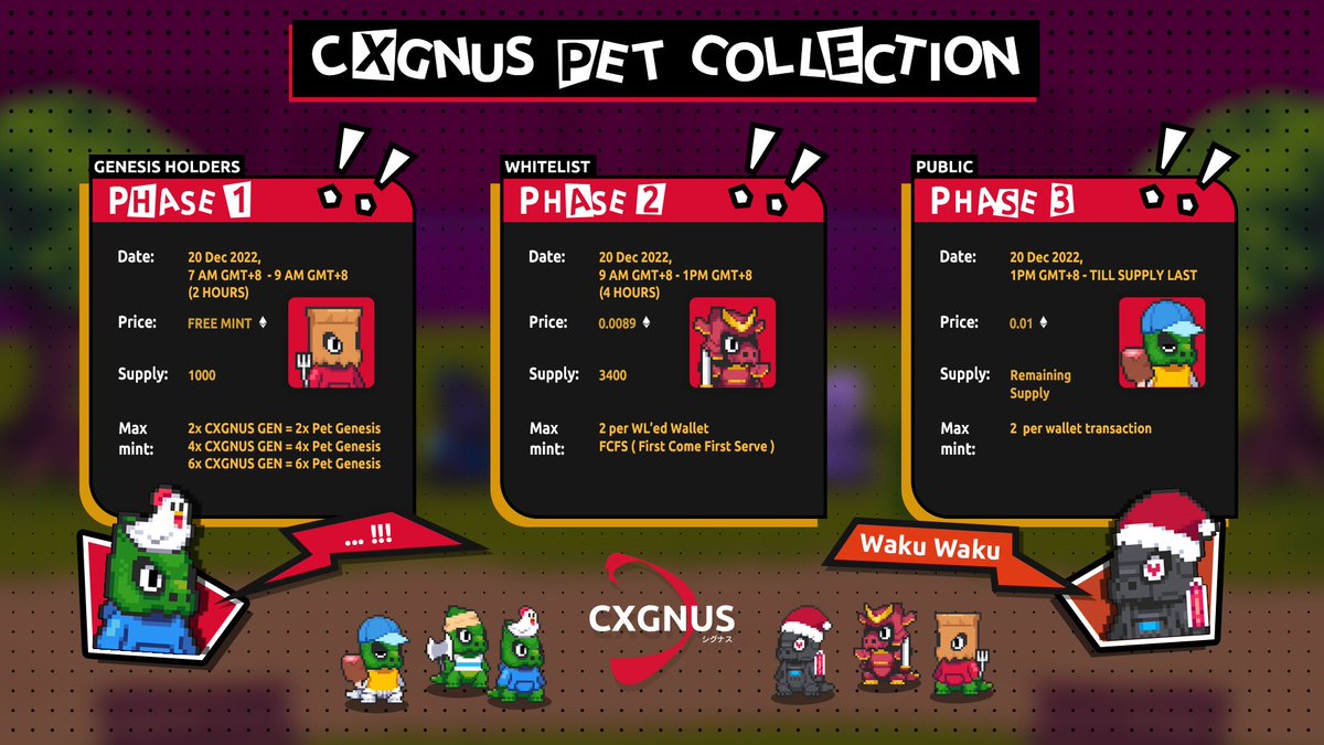 𝐎𝐅𝐅𝐈𝐂𝐈𝐀𝐋 𝐌𝐈𝐍𝐓 𝐃𝐄𝐓𝐀𝐈𝐋𝐒

COLLECTION : COMBAT SUPPORT PET ✨
SUPPLY : 4444
REVEAL : TBA (MANUAL REVEAL)

studiocxgnus.com

If you have any concern please create a ticket inside our discord. 

#NFTCollection #NFTCommunity #NFTS