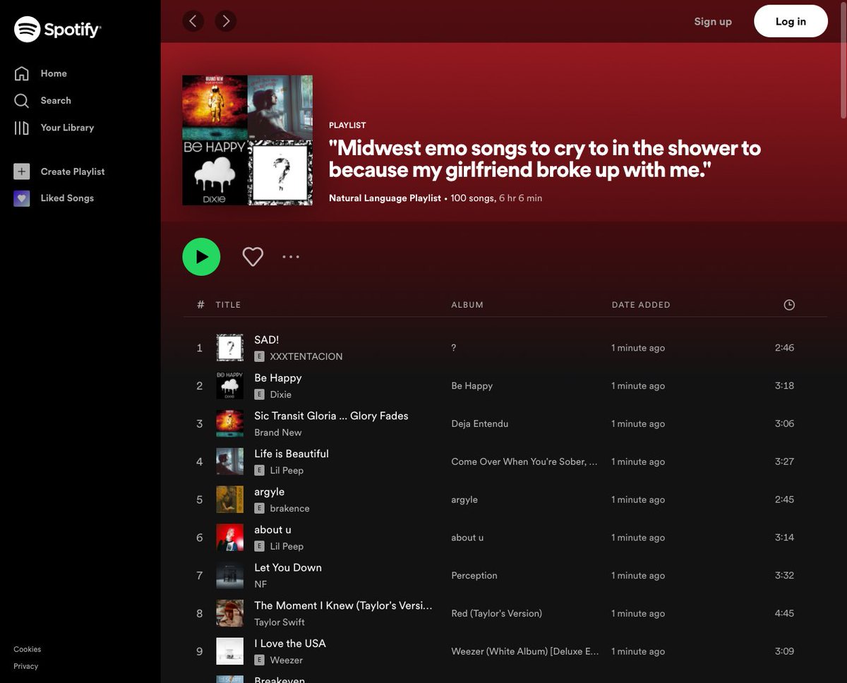 Abelardo Riojas is a data science wiz who trained an AI natural language model to generate incredibly diverse Spotify playlists. Now you can generate custom playlists simply by describing the music you want to hear!

naturallanguageplaylist.com