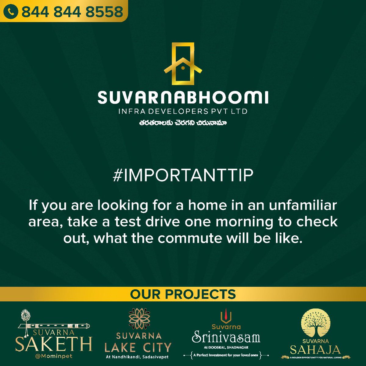 SBIDHyd's tweet photo. #ImportantTip

If you are looking for a home in an unfamiliar area, take a test drive one morning to check out, what the commute will be like. 

#suvarnabhoomi #plot #land #invest #investment #tips #home #importanttips https://t.co/iVPaheBpbN