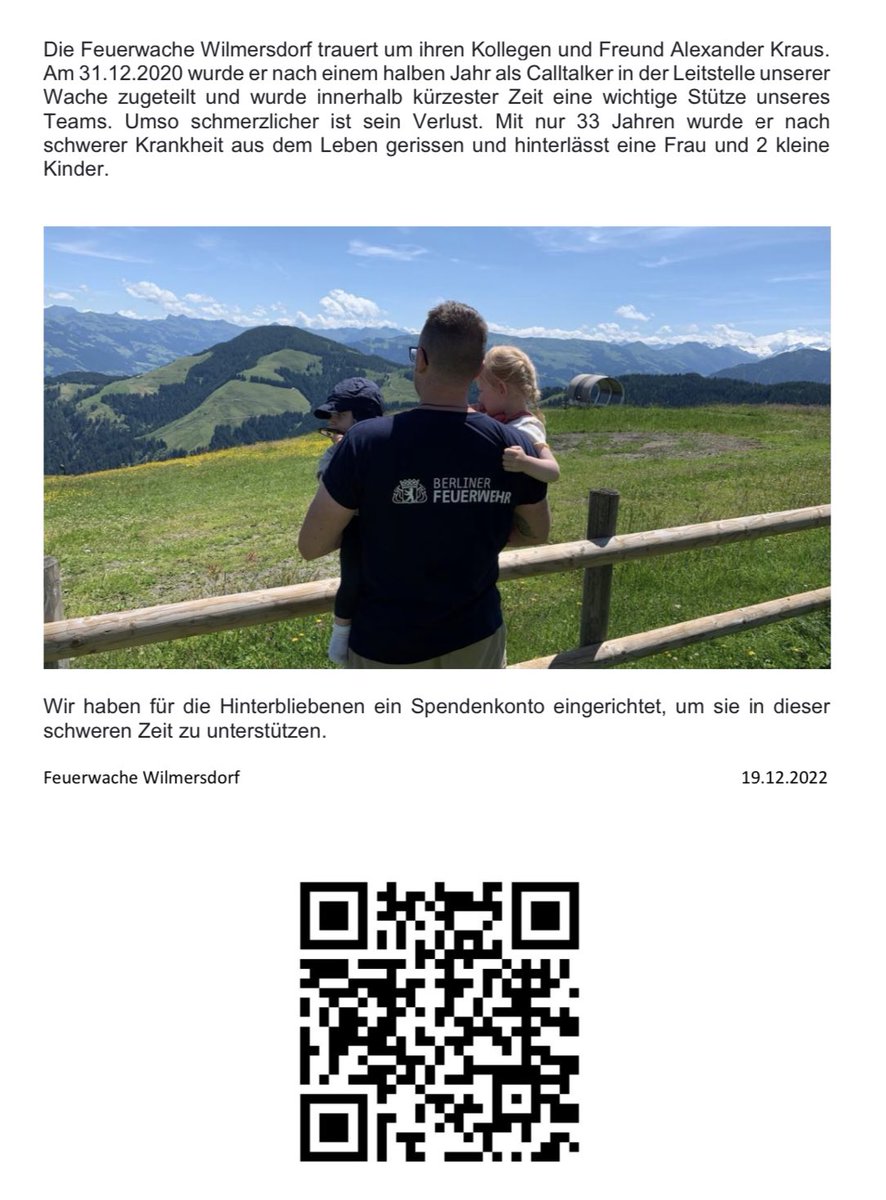 Reporter_Flash's tweet photo. Die Feuerwache Wilmersdorf trauert um ihren Kollegen und Freund Alexander Kraus. Mit nur 33 Jahren wurde er nach schwerer Krankheit aus dem Leben gerissen und hinterlässt eine Frau und 2 kleine Kinder. 
@BZ_NachtFloh @bzberlin https://t.co/wjKob7HYP1