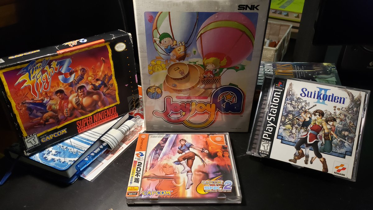 Runefaust's tweet photo. @ColonelFalcon @stewie55uk @bloggospow @Grimh_HS @LoveRetroBTW @GeekyZombieKing @Kuniotchi @Shatterglass23 @The_Top_Loader @hentaigirl82 @90sRetrollector Final Fight 3 (SNES)
Joy Joy Kid (AES)
Capcom vs SNK 2 (DC)
Suikoden II (PS)
Joy Joy Kid is one of the few games I bought secondhand, which amazingly I found at my local Goodwill in pristine condition with Robo Army and Mahjong Kyoretsuden, for $20 a piece! @MortalV2 #random4 https://t.co/eCgQUHjlJw