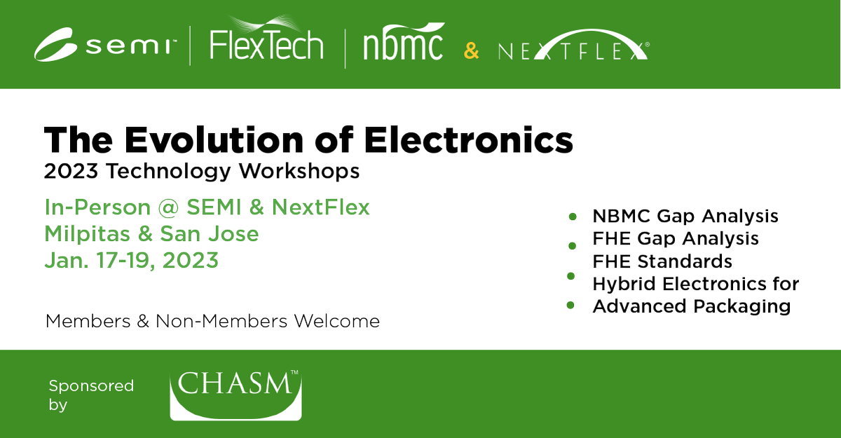 nanobiomfg's tweet photo. Start your year with a series of workshops exploring the Evolution of Electronics!  @FlexTech, @NBMC, @NextFlex and @SEMI are hosting gap analyses for FHE, standards, medical devices and advanced interconnects July 17-19.  Learn more  https://t.co/zQTkwI3nh1
Open to all! https://t.co/H96uBc8mle