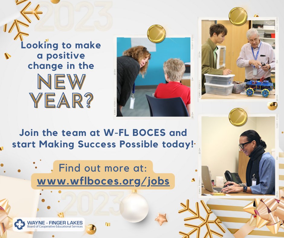 WFL_BOCES's tweet photo. Start your New Year off with a new career at W-FL BOCES and help Make Success Possible for students in the W-FL Region! Visit https://t.co/BJc0gzjObD to learn more! 💫 https://t.co/S3DWJl0GoM