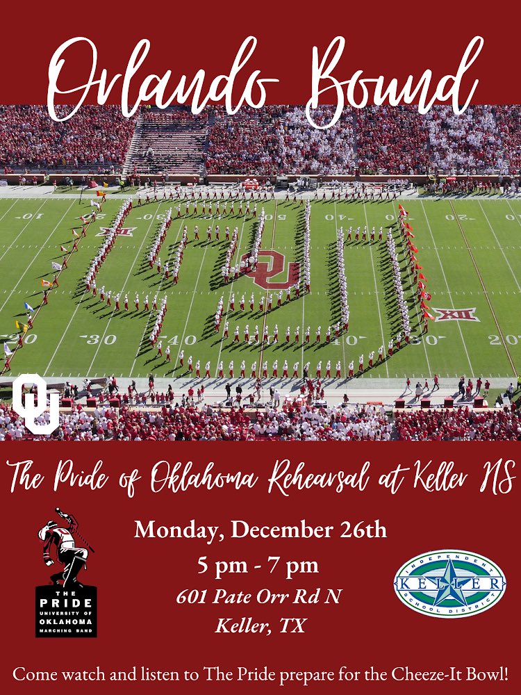 Sooner fan? Marching band fan? Come out to the Keller ISD Stadium on Monday, 12/26 from 5-7 pm as #kellerhighband plays host to the Pride of Oklahoma marching band as they practice before heading to their bowl game in Orlando. Hope to see you there! Free and open to the public!