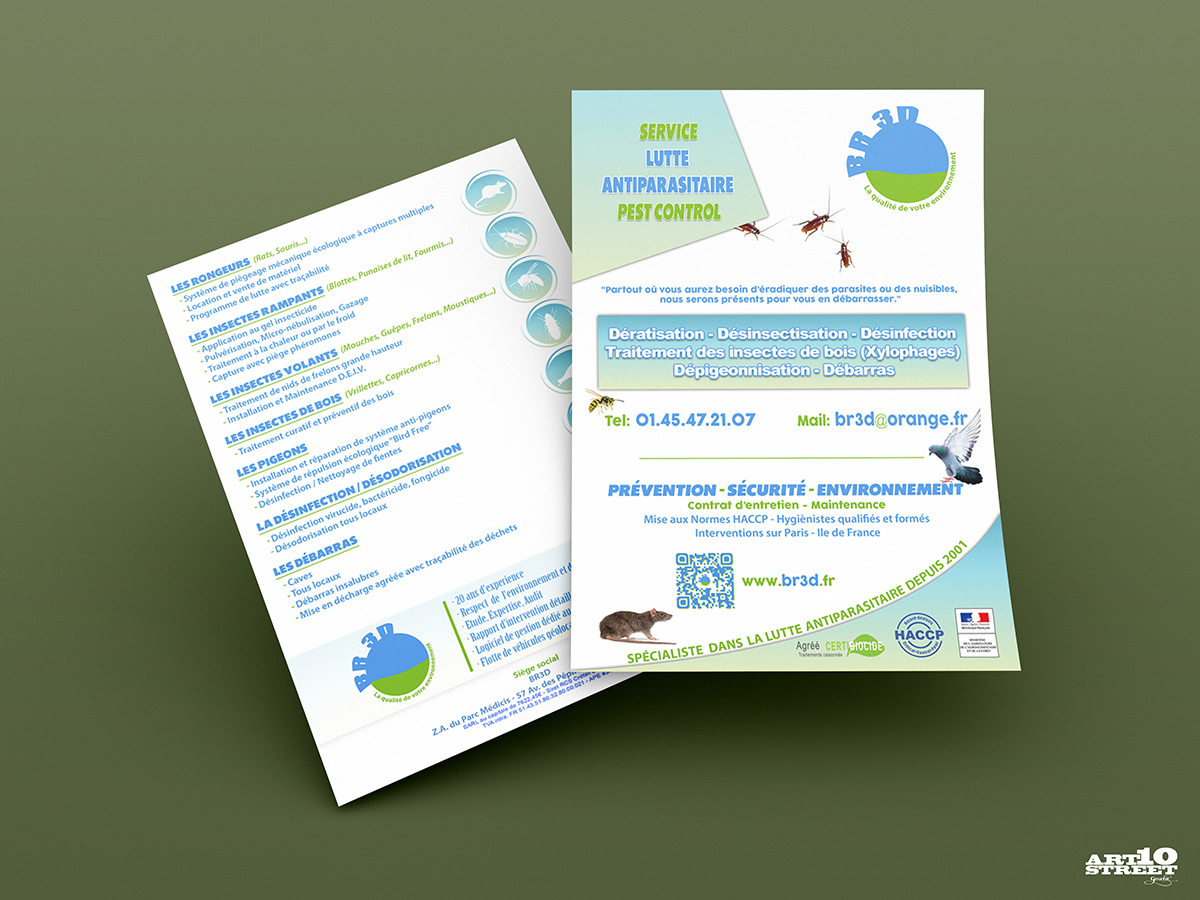Création d'une plaquette commerciale recto/verso en marque blanche, pour une entreprise de lutte antiparasitaire basée à Fresnes dans le 94.
#plaquette #plaquettecommerciale #marqueblanche #nohashtag