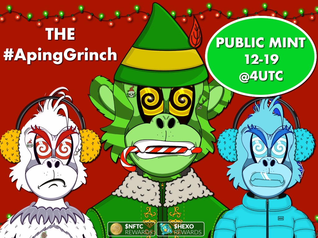 ApingRiotCNFT's tweet photo. The ApingGrinch mint will open to the Public in 1 Hour. There are 55 NFT's left. You will be able to mint as many Grinches as you like during this phase however the transaction limit will remain at 1. Enjoy, have fun, and don't forget to share your Grinches with us! #LFGrinch https://t.co/XKuvbEkKPx