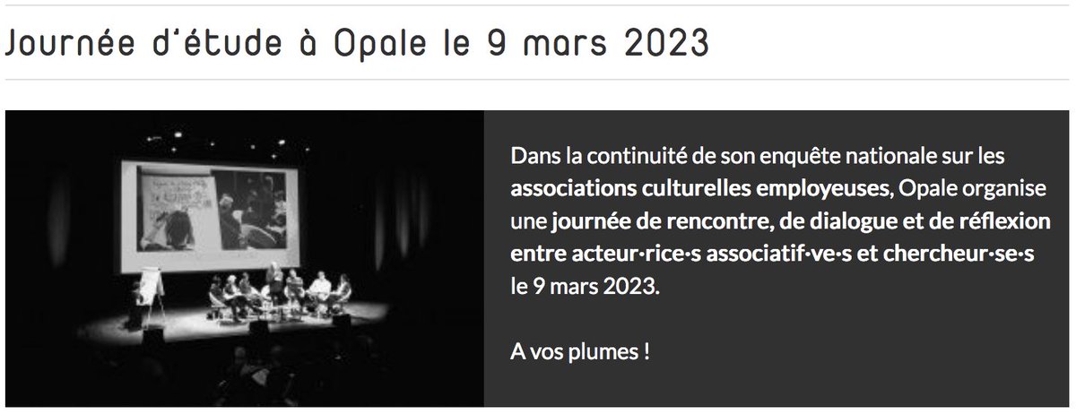 opale_culture's tweet image. 🔊 A diffuser // Recherche sur les #associations #culturelles #ESS // "Entre rapports de pouvoir et émancipations : repenser la complexité du monde culturel associatif" // Journée d'étude 9/03/23
✏ Appel à communications ✏ et informations détaillées : lnkd.in/enFWiuYA