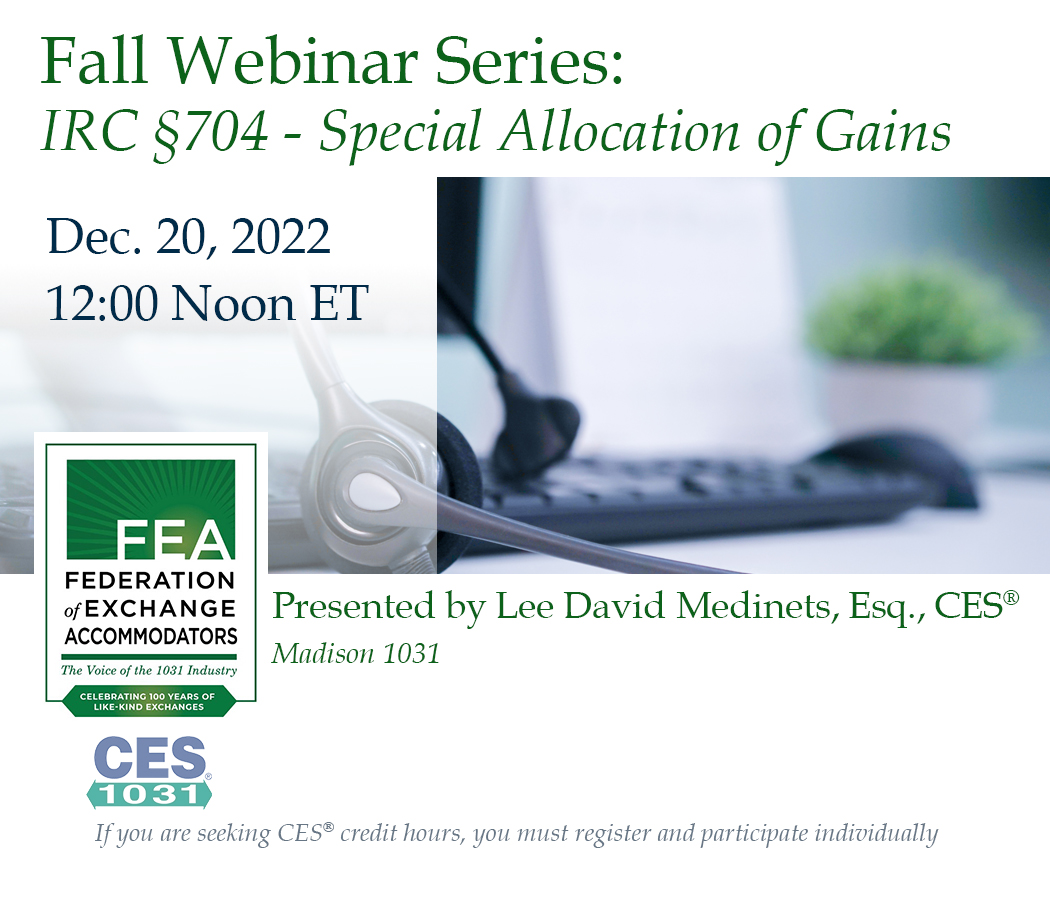 David will discuss the issues and complexities of special gain allocations, particularly as they relate to drop and swap transactions. 

Register: 1031.org/Shared_Content…