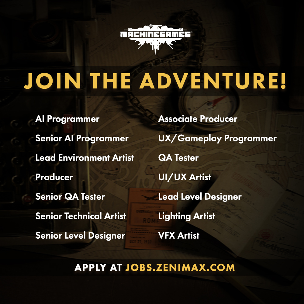 bethesda's tweet photo. Join the adventure! @MachineGames is hiring and we want you to join us in our continued development of a new Indiana Jones game! 

Head over to our careers page and apply today: https://t.co/p6QYiHQQUY https://t.co/SuzkBF1Gqf
