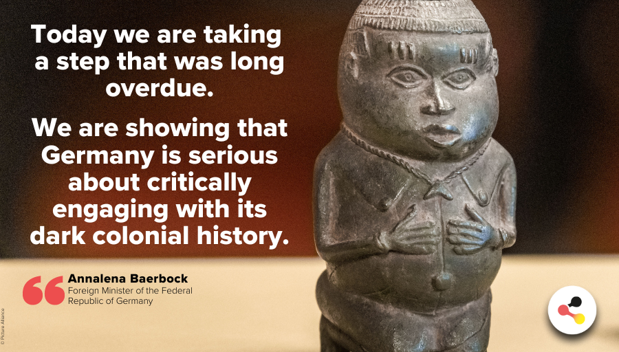 en_germany's tweet photo. ๐ฑ โ๏ธ #Germany returns #Nigeria's bronze statues stolen during #colonialtimes.
๐ณ๐ฌ Foreign Minister @ABaerbock and Minister of State for Culture #Roth travel to Nigeria for the handover.
Baerbock says the step was long overdue. ๐ฉ๐ช
#QuoteOfTheDay #BeninBronzes @BundesKultur https://t.co/WFRin9lX97