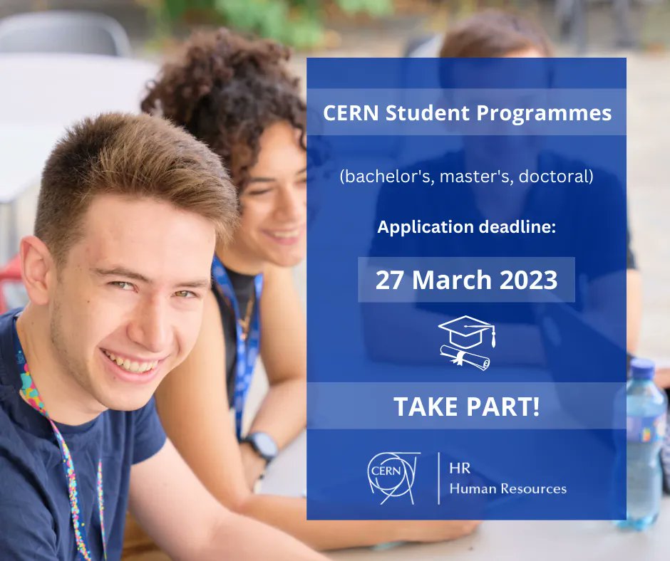 📣 Calling all students!

For bachelor’s, master’s or doctoral students in STEM or non-STEM fields – we have a programme for you.

Are you ready to take part?

Find the most suitable programme for you: careers.smartrecruiters.com/CERN/students
Deadline: 27.03.2023
#TakePart #CERNCareers