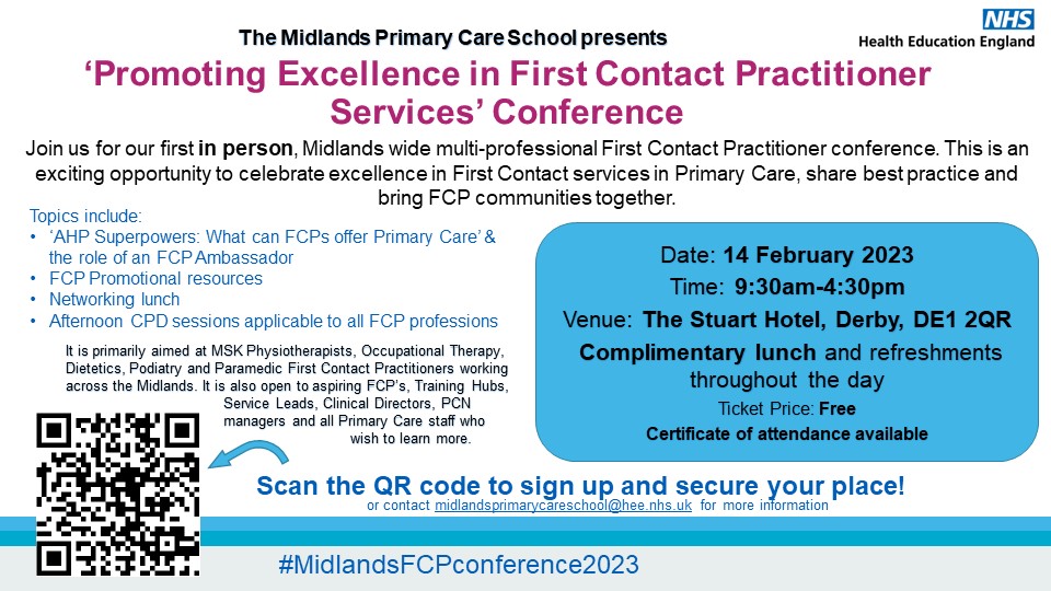ECarterDCHS's tweet photo. Calling all Midlands based #FCPs! Register now for our first @NHSHEE_Midlands multi-professional #FCP conference in Derby. We have a great programme of speakers planned and lots of networking opportunities! #MidlandsFCPconference2023 https://t.co/5K6BZa2F5z