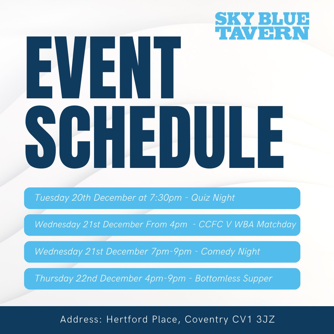 SkyBlueTavernPH's tweet photo. We don't just show live sports! We host a range of events and activities also! Take a look at this week's event schedule ➡️
#Coventry #SkyBlueTavern #DhillonsSpireBar #QuizNight #Quiz #Comedy #Matchday #BottomlessSupper #Indianfood #beer #CCFC #PUSB #Coventry https://t.co/7Fha2L8XYA