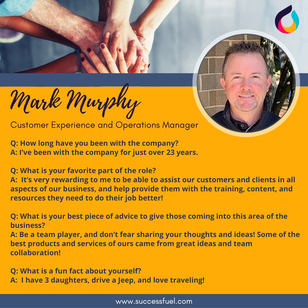 Learn_Excel_Now's tweet image. Meet Mark Murphy, our Customer Experience and Operations Manager!
Mark has been with SuccessFuel over for 23 years! His #dedication to our customers and loyalty to our #team is irreplaceable.
Thank you for all you do Mark!
#employeespotlight #excel