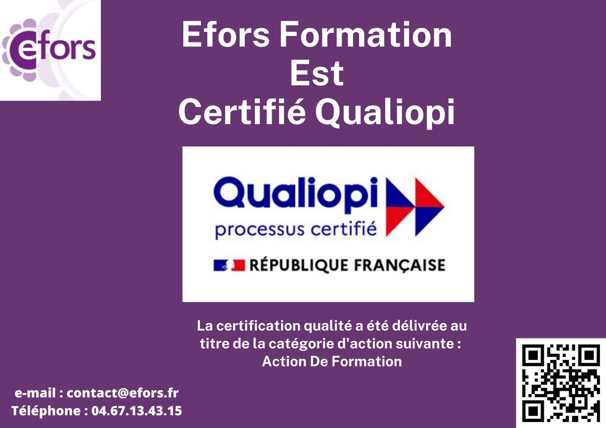 EFORS34's tweet photo. 📢 Nous avons le plaisir de vous annoncer que EFORS est certifié QUALIOPI.
Cette certification atteste des exigences qualité que nous mettons en place durant tout le processus de nos formations.
#QUALIOPI #Formationprofesionnelle #Développementcompétences #formationsante https://t.co/Lemlfa4hO7