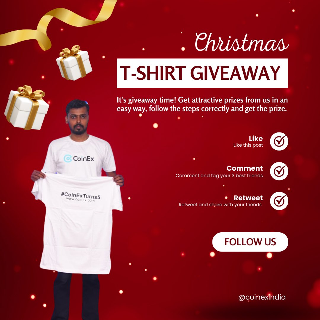 coinexindia's tweet photo. CoinEx Logo 2 T-Shirt Giveaway 🎁 

Rules:
Follow @coinexindia
Join: https://t.co/BfqgHgw6qm
Retweet
Tag 3 Friends ✌️

Last Date Dec 25 💥
Its lucky draw, winners will be selected randomly 🤖

Note: Indians only
#CoinExTurns5 #CoinExChirtmas #GiveawayAlert #Giveaway https://t.co/373LAyESzp