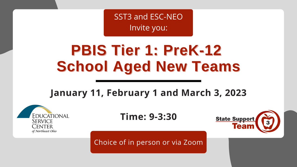 SSTRegion3's tweet photo. This 3-day series will help your PBIS team learn about the core components of a PBIS framework and develop an action plan for PBIS implementation. Registration info - https://t.co/8ck58500Fm #sst3 #sst3pbis @ESCNortheastOH https://t.co/Z018oTuVsS