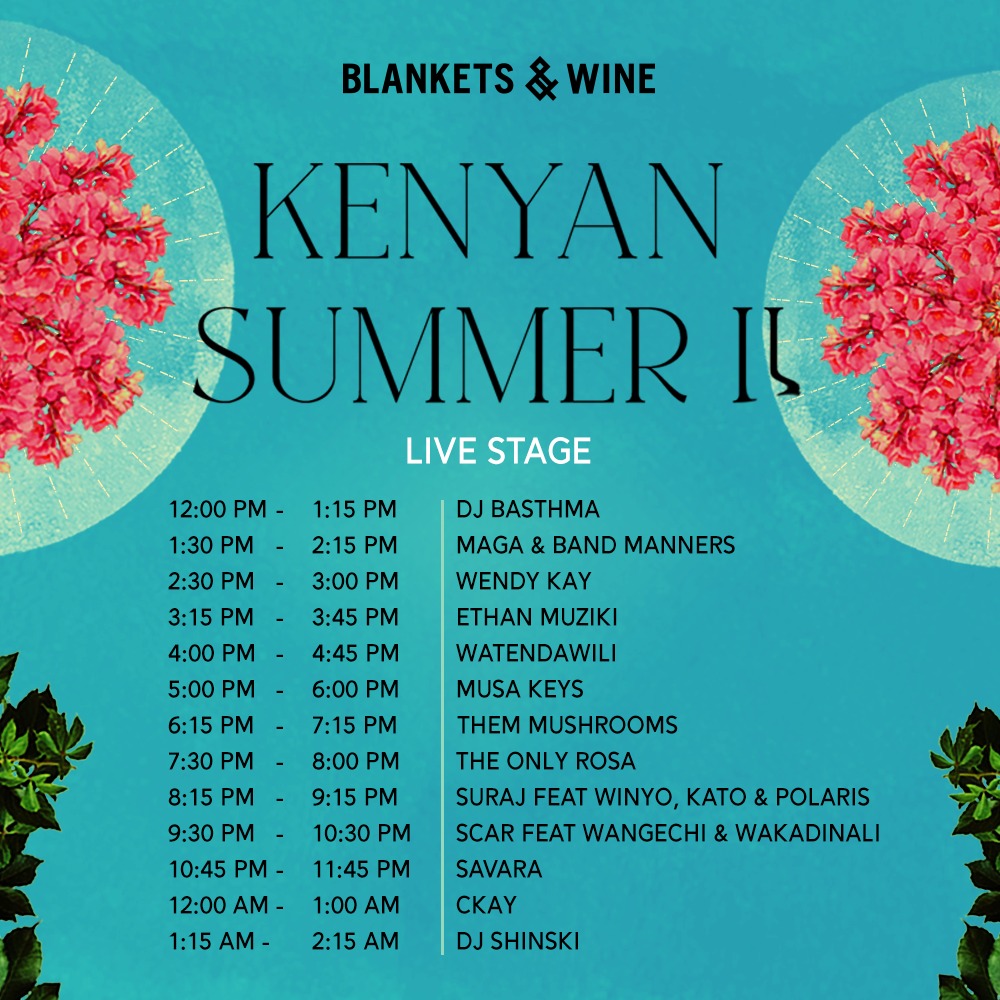 Wondering what our set list is like? Here are the artists gracing our stage starting off with our recent additions, <a href="/thebasthma/">Wallah Bin Wallahi</a> and Maga and the Band Manners to kick off your day. Cop those tickets ndio #TupataneBlankets. 
 Who are you looking foward to the most?
#KenyanSummer