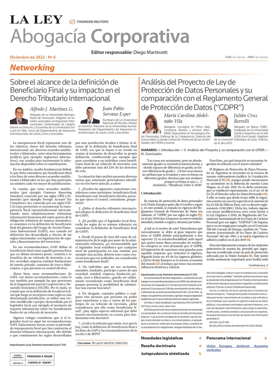 📣Suplemento #AbogaciaCorporativa: Junto con el #DiarioLaLey de hoy encuentran el suplemento con las colaboraciones de Alfredo J. Martínez G., Juan Pablo Serrano Esper <a href="/jpserranoesper/">Juan Pablo Serrano Esper</a> , María Carolina Abdelnabe Vila y Julián Cruz Borrelli