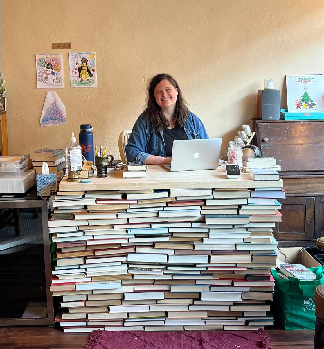 BolinBooks's tweet photo. Our bookish checkout desk and lobby book arch are now in action!  Special thanks to @cjobolin and her husband Matthew for building them for us. https://t.co/nNwoR68oHz