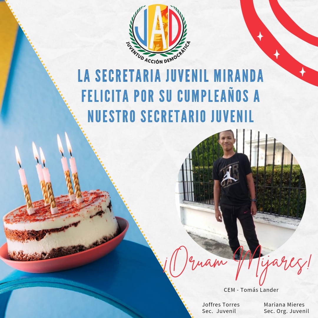 JADLander_'s tweet photo. En nombre de la Secretaria Juvenil del municipio Tomas Lander queremos felicitar a nuestro Secretario Juvenil @AD_Oruammijares  por su cumpleaños, seguimos trabajando hombre fuerte, por la democracia de #Venezuela , #CaminandoHaciael2024
#ADMiranda
#AD_TomasLander https://t.co/WOVeJVz2v7