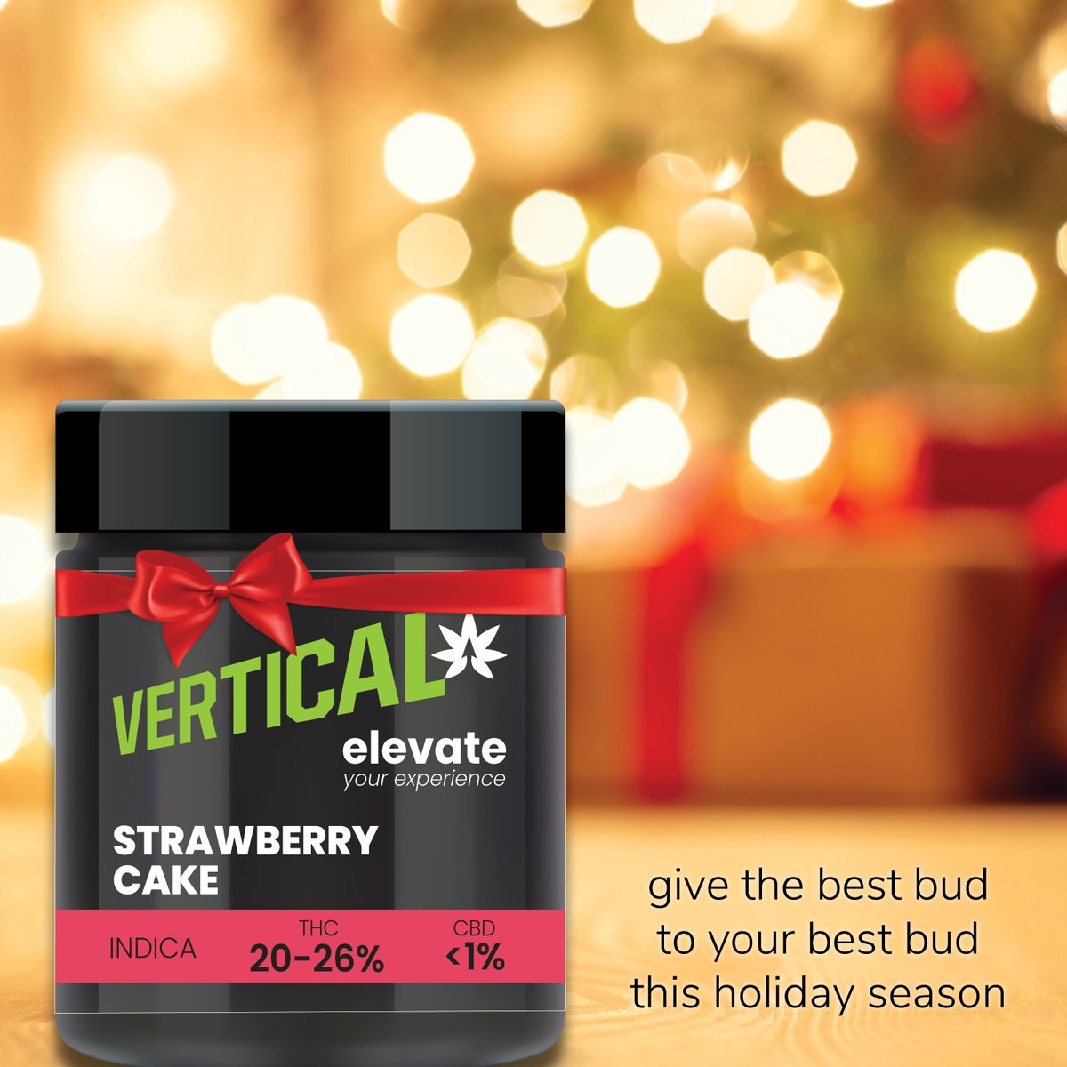 Give the best bud to your best bud this holiday season.

Strawberry Cake is a cross between Chronic, White Widow &amp; Cheese, resulting in the perfect combination of pungent and cheese aromas with mouth watering sweetness.

Indica-dominant
20-26% THC

#Vertical #StrawberryCake