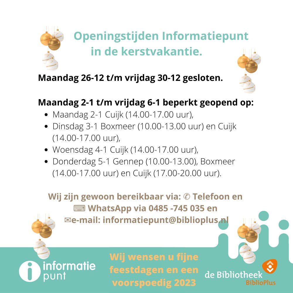 biblioplusje's tweet photo. Openingstijden Informatiepunt in de kerstvakantie. https://t.co/IKncJfVvVD