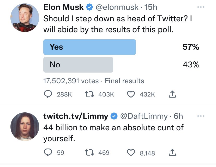 No way did these appear next to each other on my feed 😂👌 <a href="/DaftLimmy/">twitch.tv/Limmy</a> <a href="/elonmusk/">Elon Musk</a>
