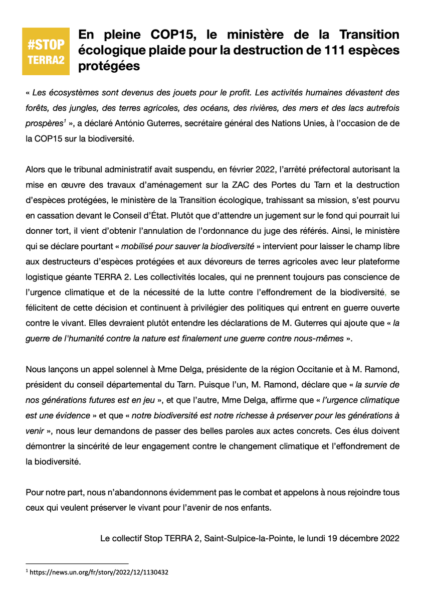 StopTERRA2's tweet photo. [En pleine COP15, le ministère de la Transition écologique plaide pour la destruction de 111 espèces protégées]🧵⤵️ 
« Les écosystèmes sont devenus des jouets pour le profit. Les activités humaines dévastent des forêts, des jungles, des terres agricoles, des océans, des rivières, https://t.co/pUeY2rd47U