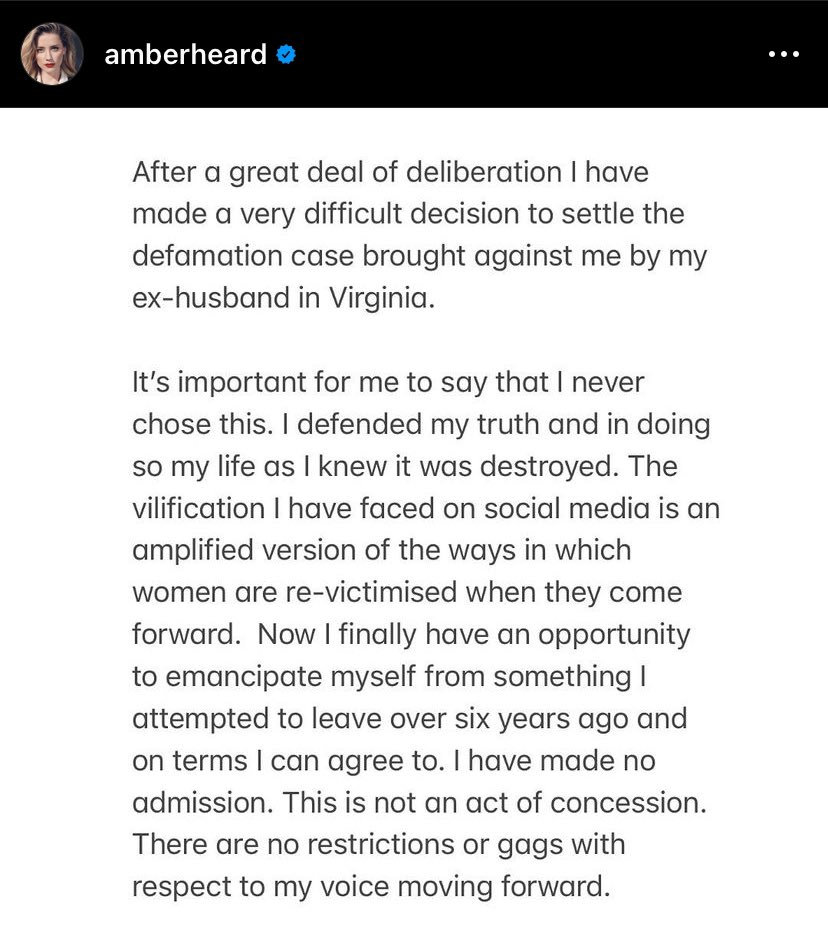 amberismother's tweet photo. Amber Heard has officially settled, but she’s still a winner in all of our hearts. She’s honestly too good for this world and she let Johnny Depp get off way too easily. But all she’s ever wanted is to move on with her life, and hopefully Depp will leave her alone now. https://t.co/Nfy1TZIliq