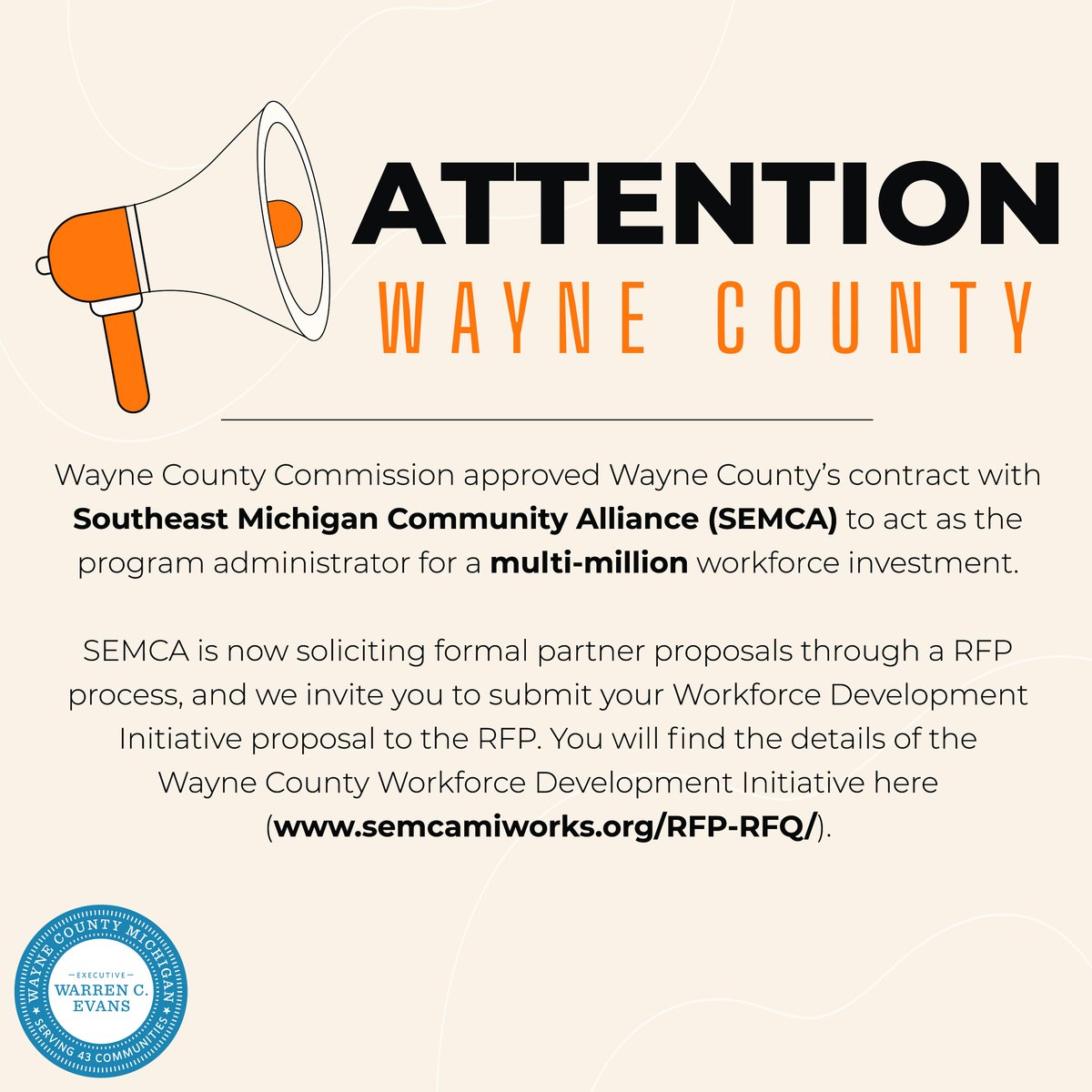WayneCoEconDev's tweet photo. Wayne County Commission approved Wayne County’s contract with Southeast Michigan Community Alliance (SEMCA) to act as the program administrator for our $50 million workforce development investment. Check out the SEMCA RFP here: https://t.co/T8Zv8JM1lh https://t.co/8VvsS32LhH