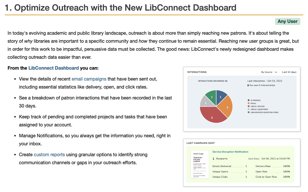springshare's tweet image. Have you explored the new #LibConnect Dashboard yet? It allows you to view the stats for recent email campaigns, see a breakdown of patron interactions that have been recorded in the last 30 days, keep track of projects and tasks, and more!
bit.ly/3hpkmEN