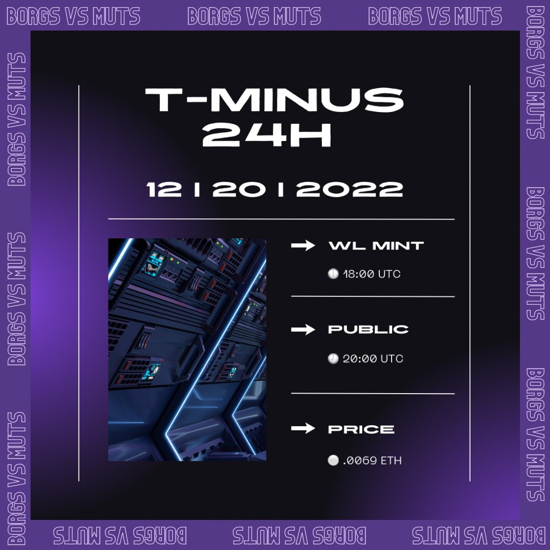 Hello Humans ..

Website is LIVE: borgsvsmuts.xyz

Whitelist checker: 

1️⃣ Go to borgsvsmuts.xyz
2️⃣ Connect Wallet 
3️⃣ Whitelist Sale Counter = WL 
4️⃣ Public Sale Counter = NO WL 

Are You Ready For The Future ❔❔

Notis On 🔔