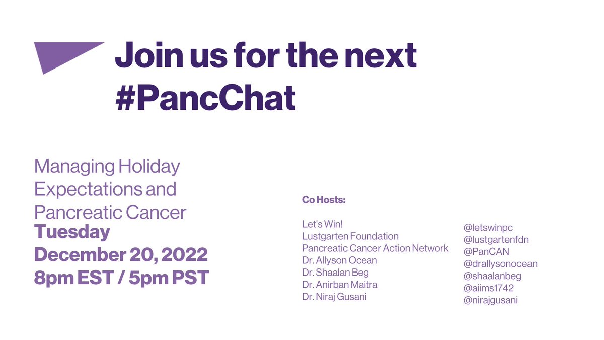 PanCANMiami's tweet photo. Join PanCAN for this month's #PancChat 💬 thisTuesday, December 20th at 5pm PT/8pm ET! Discuss managing holiday expectations and pancreatic cancer. 🎄 To participate, just head to https://t.co/wrEcy9qwPc and follow along as important questions are answered. 💜 https://t.co/kec7f69V7k