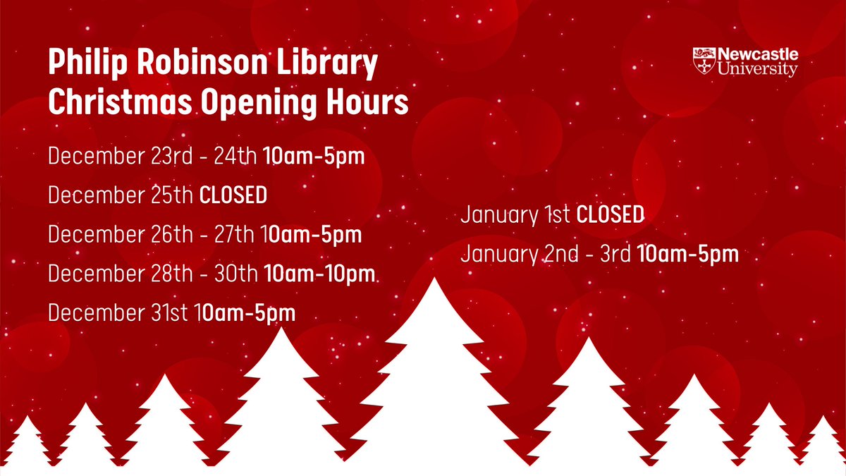 If you studying during the winter break, the Philip Robinson Library is open throughout the vacation period (Sat 17 December – Tues 3 January, excluding Christmas Day and New Year's Day), and access is with a valid Newcastle University smartcard...