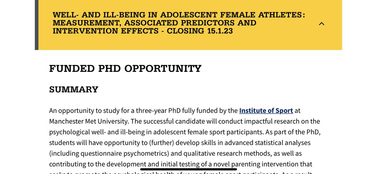Dr Paul Appleton (@drpaulappleton) on Twitter photo A number of PhD scholarships on offer at <a href="/ManMetUni/">Manchester Metropolitan Uni</a> <a href="/McrInstSport/">Manchester Met Institute of Sport</a> @MMU_MSSM including one with me on adolescent female athletes’ psychological health. Deadline for applications 15th Jan <a href="/JobsinSportSci/">Jobs in Sport Science</a> A number of PhD scholarships on offer at <a href="/ManMetUni/">Manchester Metropolitan Uni</a> <a href="/McrInstSport/">Manchester Met Institute of Sport</a> @MMU_MSSM including one with me on adolescent female athletes’ psychological health. Deadline for applications 15th Jan <a href="/JobsinSportSci/">Jobs in Sport Science</a>