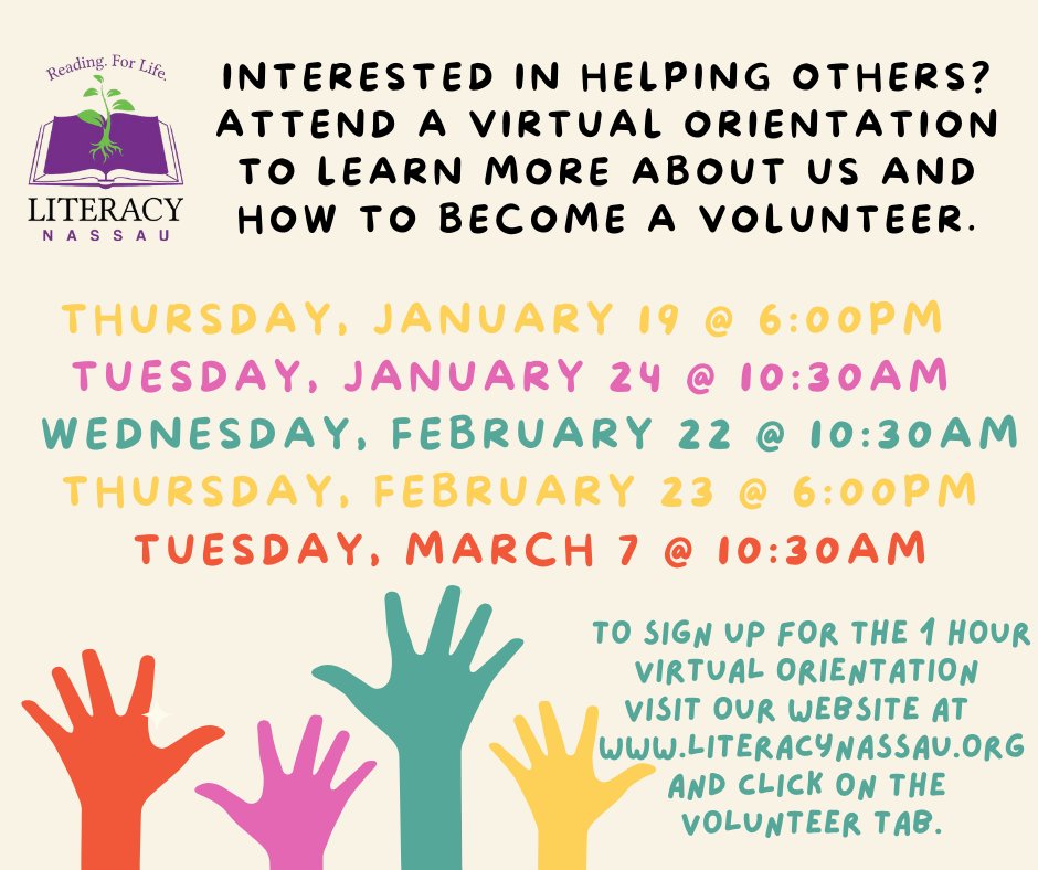 Are you interested in helping others? We have plenty of volunteer opportunities and are always in need of new volunteers. 

Our new orientation dates have been posted! You can sign up for an orientation here: literacynassau.org/volunteer-orie…